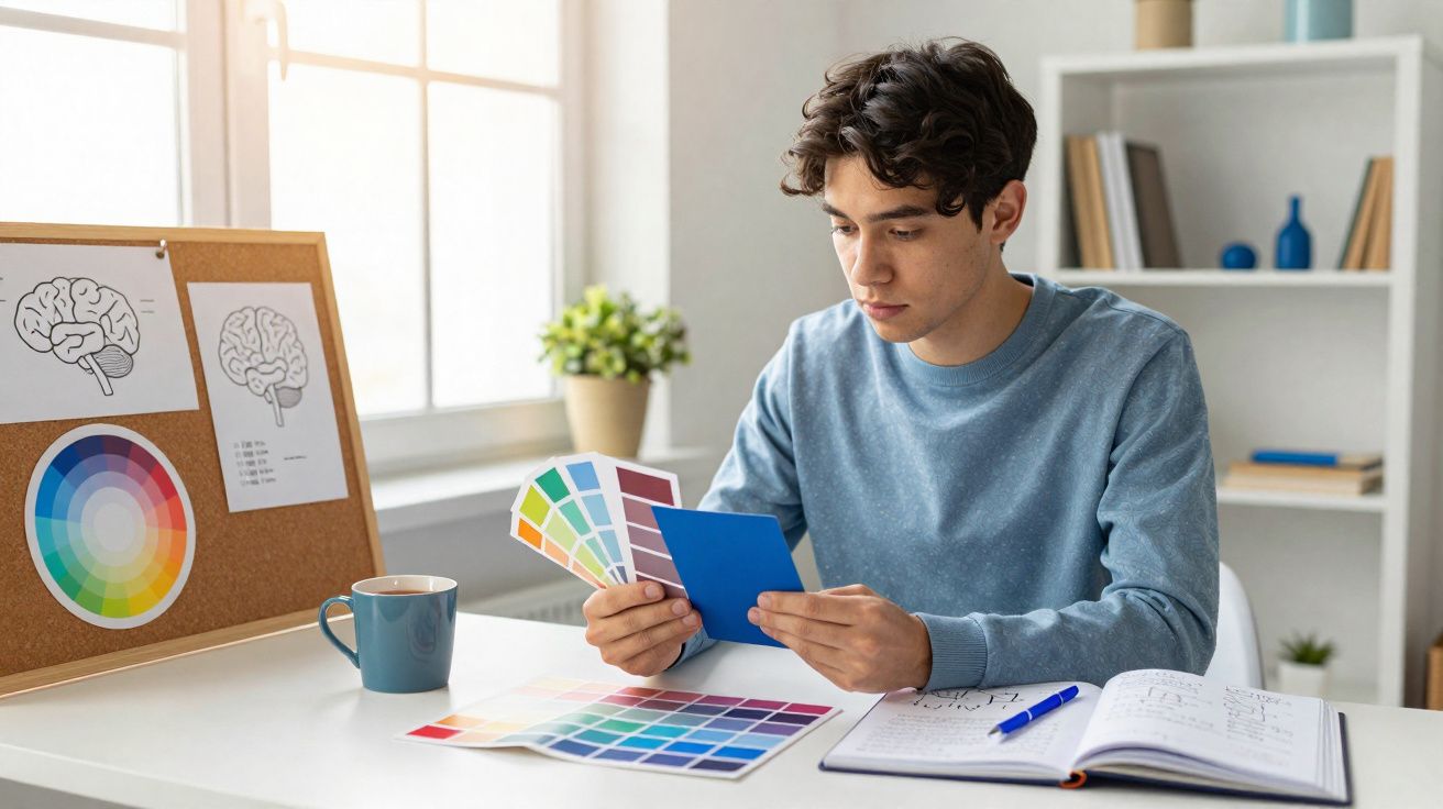 Jovem a escolher cores em amostras para projeto, com cadernos e gráficos de cérebro numa sala luminosa.