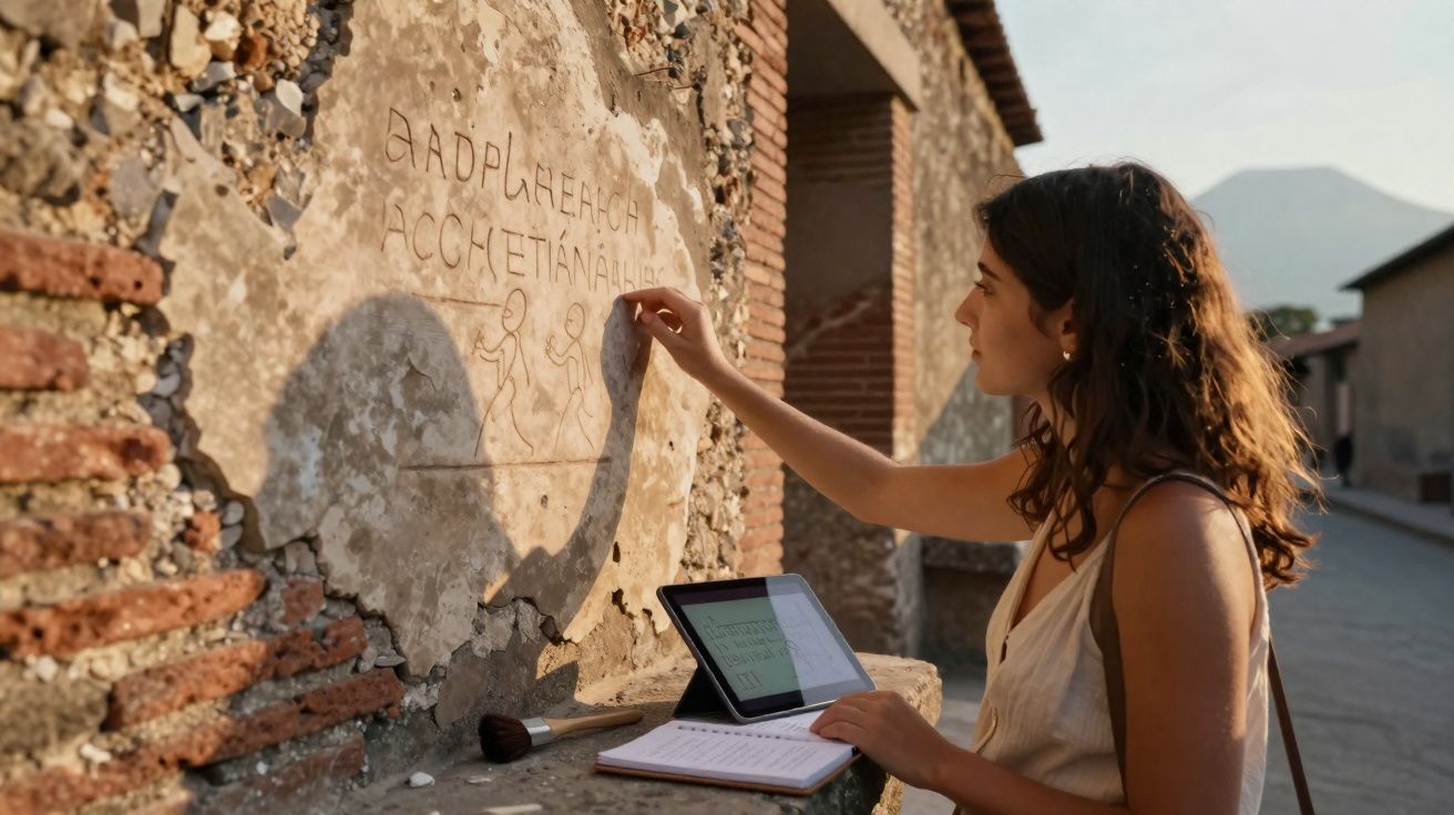 Mulher estudando inscrições antigas numa parede de pedra ao ar livre, com tablet e livro aberto.