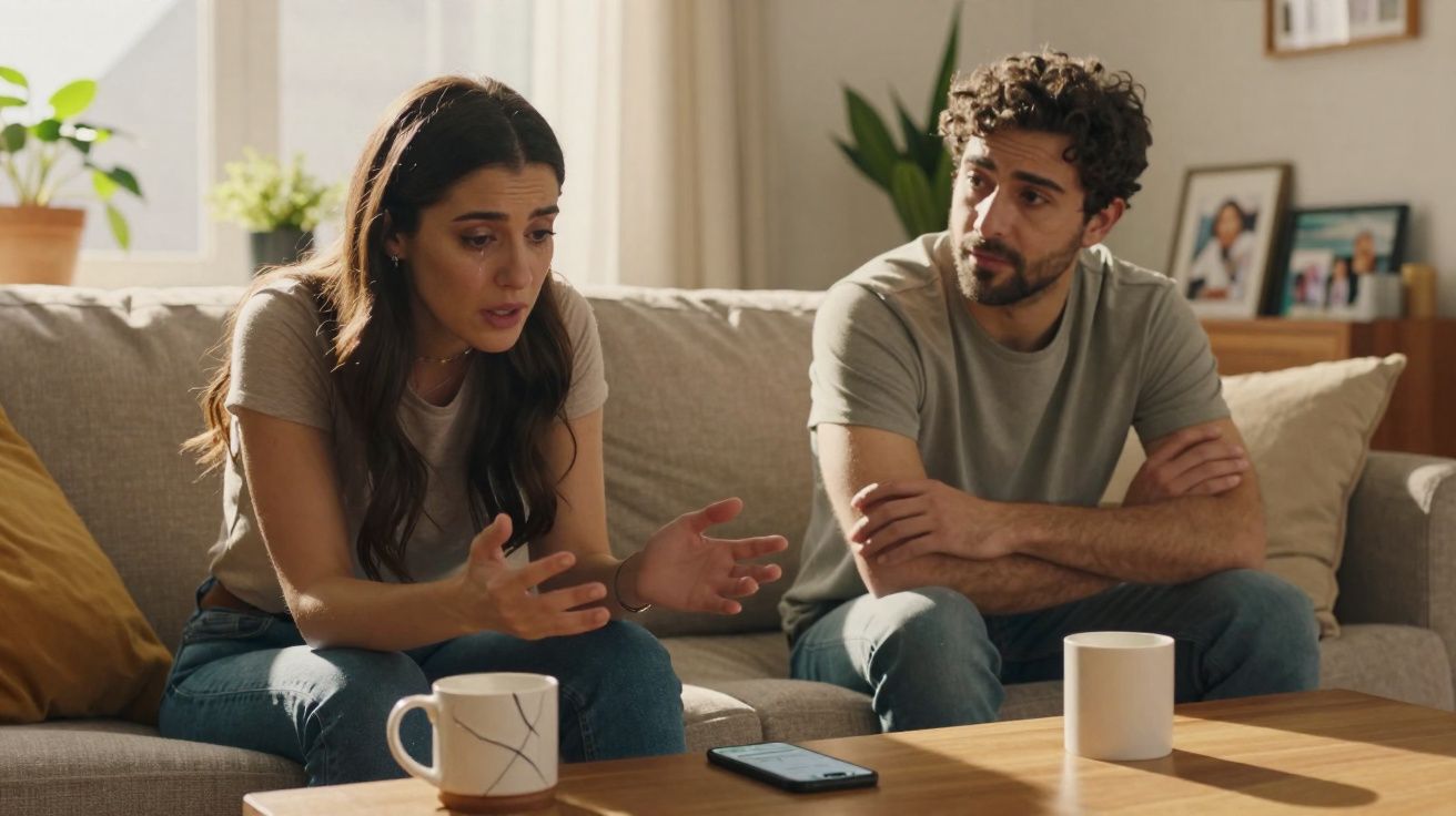 Casal sentado no sofá em sala, mulher parece preocupada e homem a ouvir atentamente numa conversa séria.
