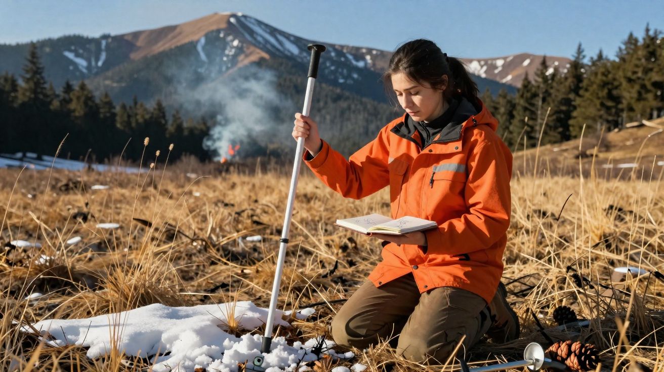 Mulher em fato de neve laranja regista dados em caderno numa paisagem de montanha com neve e árvores.