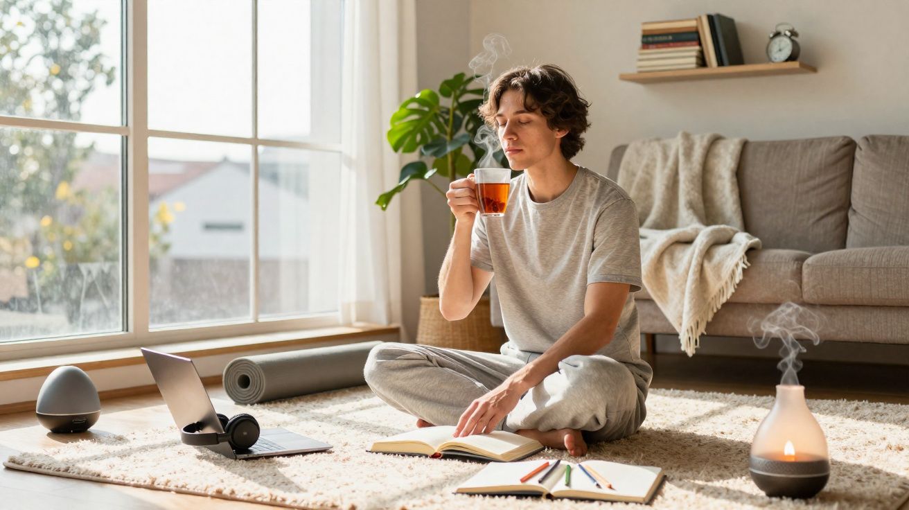 Jovem sentado no chão a beber chá, rodeado de livros, cadernos, laptop e ambiente relaxante com luz natural.