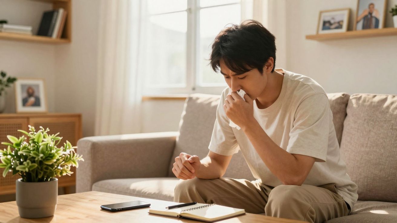 Homem sentado no sofá a assoar o nariz com lenço num ambiente luminoso e confortável.