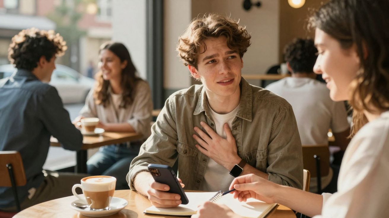 Dois jovens conversam numa cafetaria, com café e caderno à frente, num ambiente descontraído.