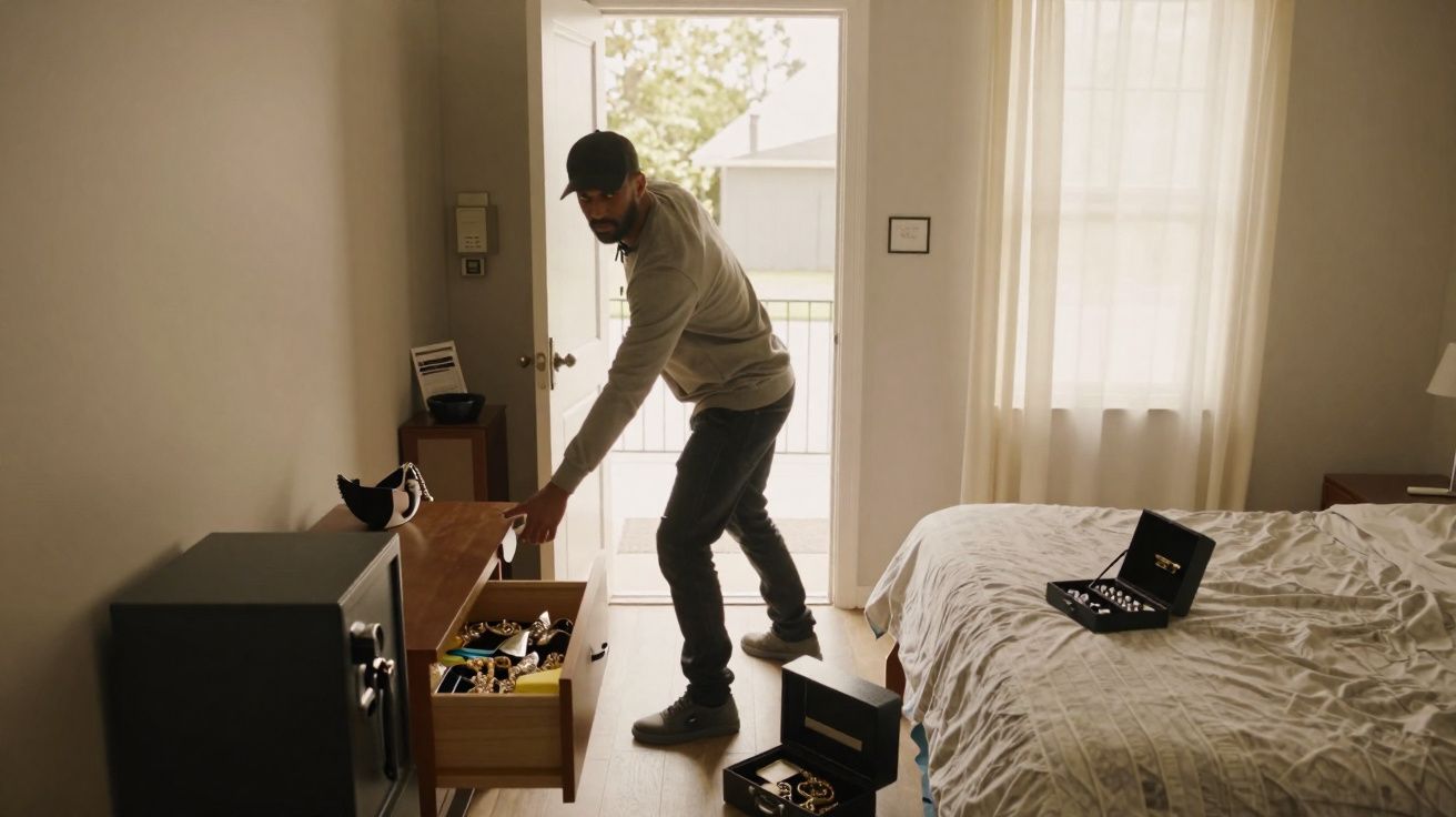 Homem com boné aparece a roubar joias de um quarto, abrindo uma gaveta enquanto entra pela porta aberta.