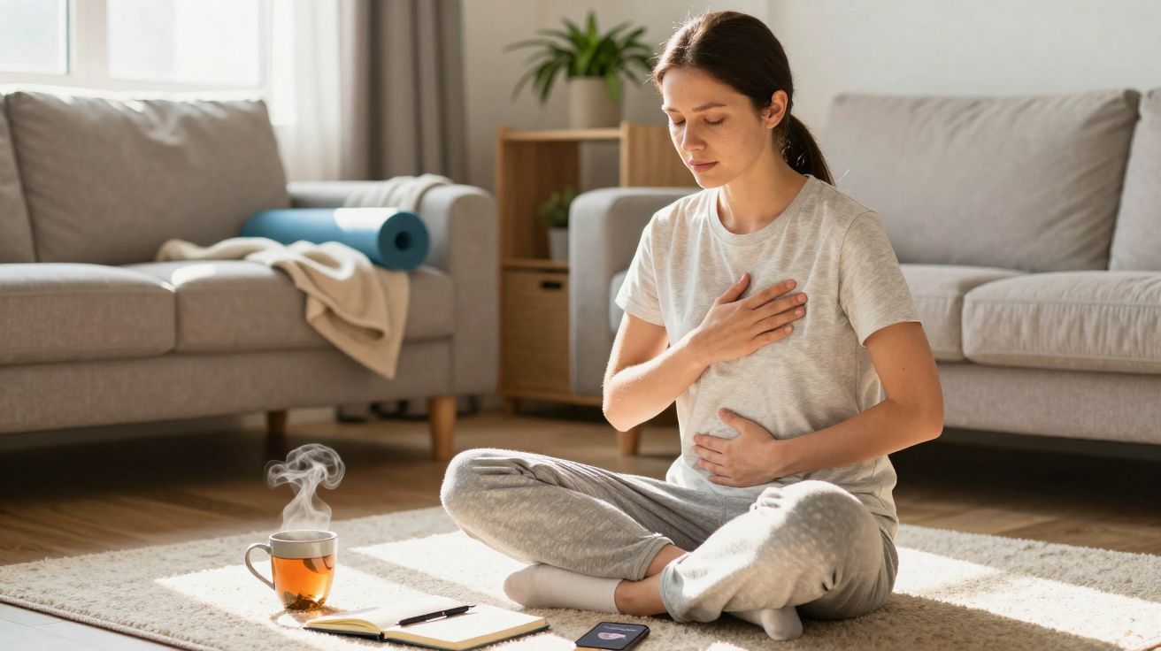 Mulher sentada no chão em posição de meditação com uma mão no peito e outra na barriga, chá e caderno à frente.