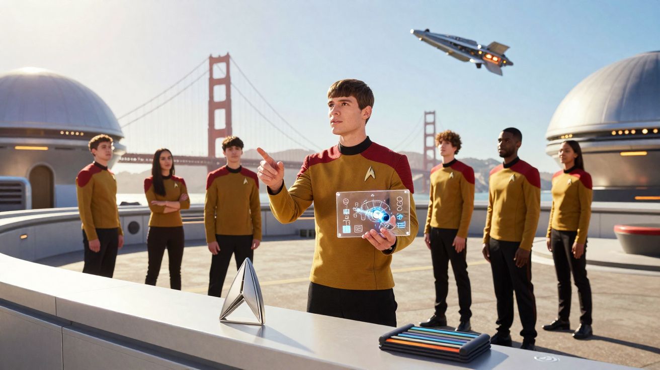 Grupo de jovens em uniformes futuristas com ponte e nave espacial ao fundo.