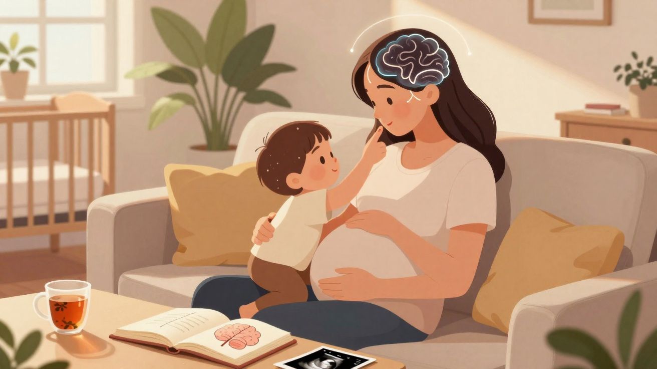 Criança toca no nariz da mãe grávida no sofá, com cérebro iluminado e ultrassom e livro de anatomia à frente.