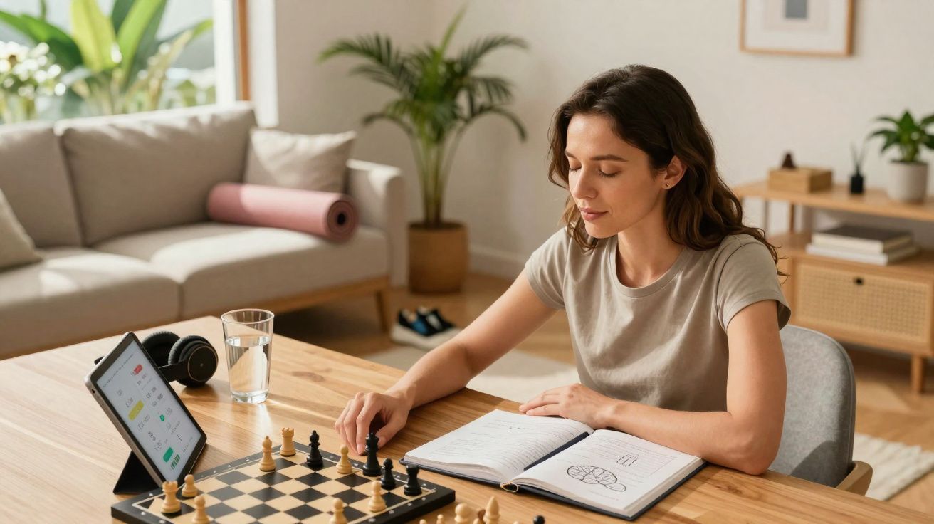 Mulher a jogar xadrez sentada à mesa com caderno aberto numa sala iluminada e decorada.