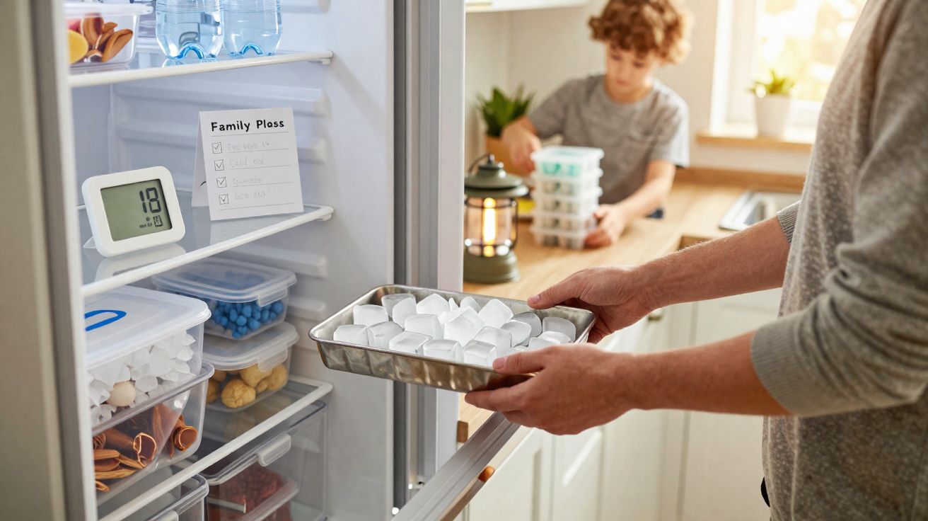Pessoa a colocar cubos de gelo numa forma no congelador, criança ao fundo a organizar recipientes.