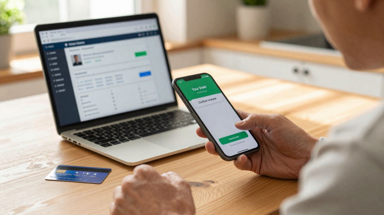 Pessoa a fazer uma transação bancária online com telemóvel e computador portátil numa secretária de madeira.