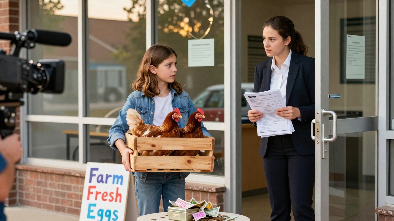 Rapaz com caixa de madeira com galinhas vive a falar com mulher vestida formal junto à entrada de um edifício.