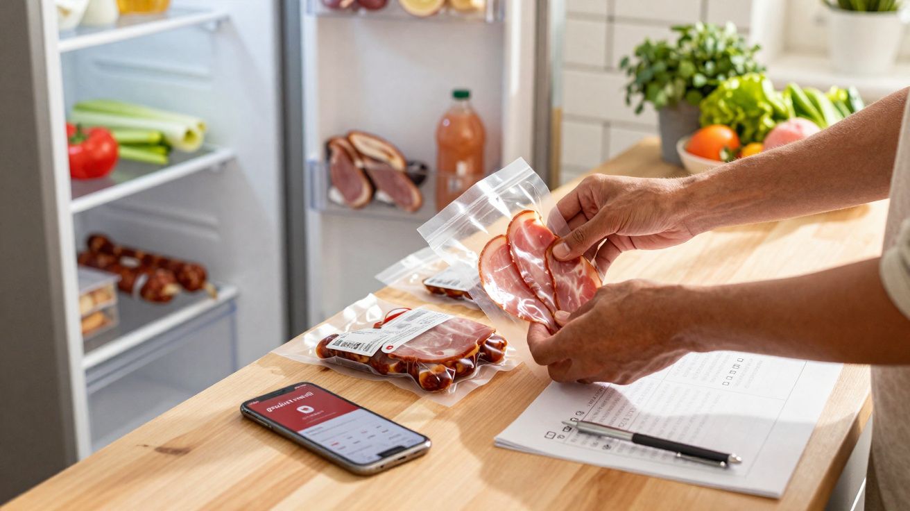 Mãos a organizar embutidos embalados a vácuo sobre mesa de madeira com telemóvel e lista de compras.