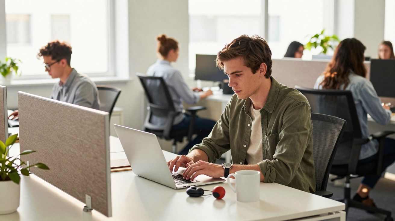 Jovem a trabalhar num escritório moderno com vários colegas sentados em secretárias ao fundo.