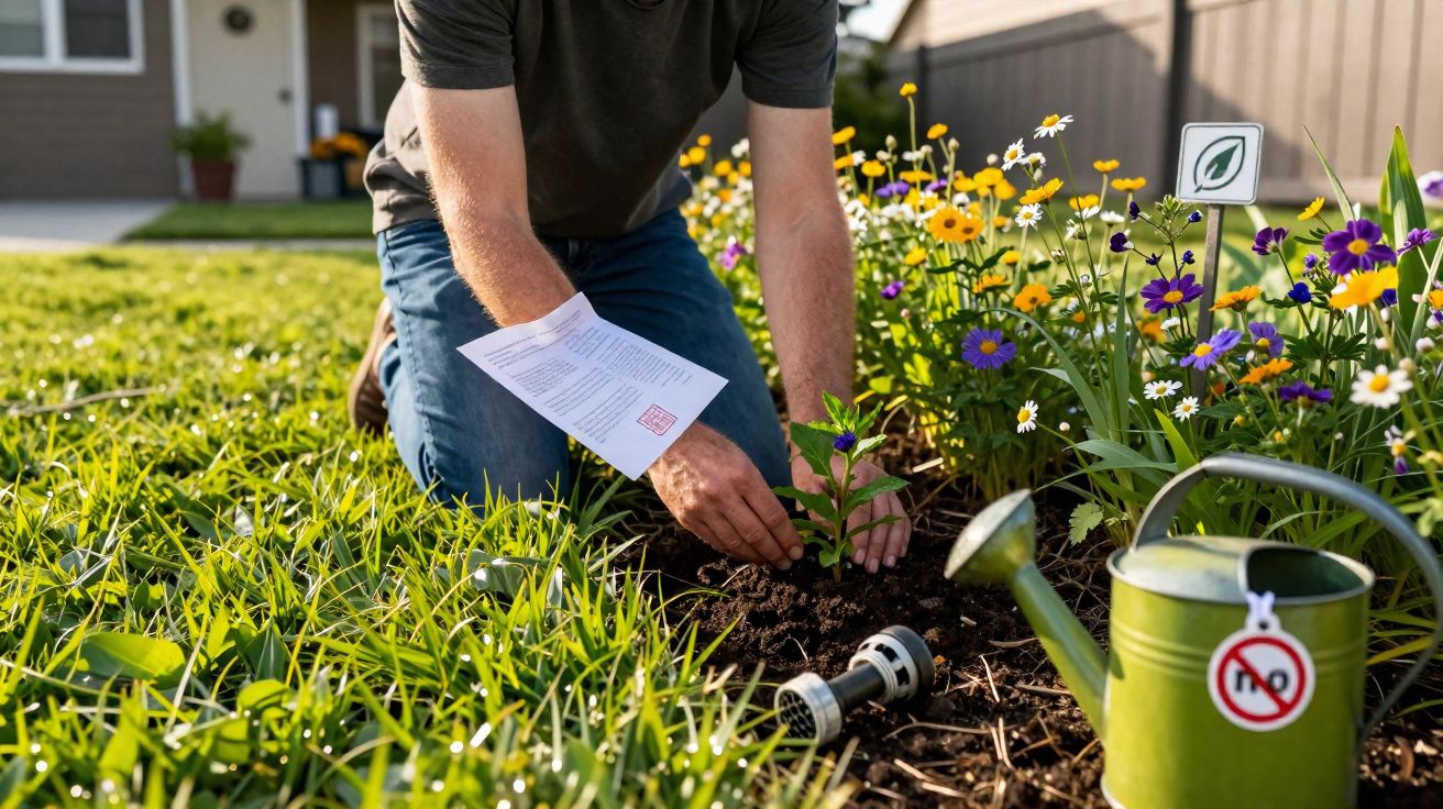 Pessoa a plantar muda numa cama de flores com regador verde ao lado e flores amarelas e roxas em fundo.