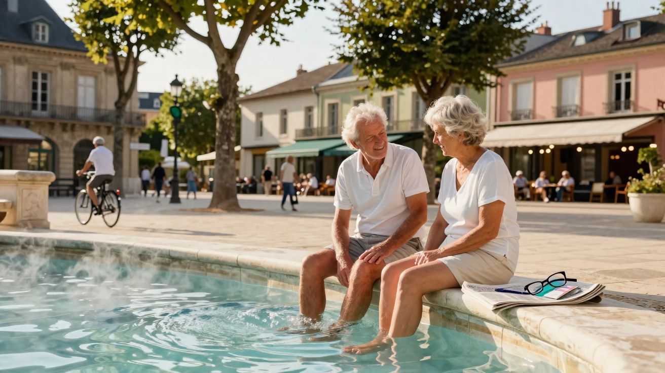 Casal sénior sentado à beira de uma fonte numa praça ensolarada, com pés na água e sorriso alegre.