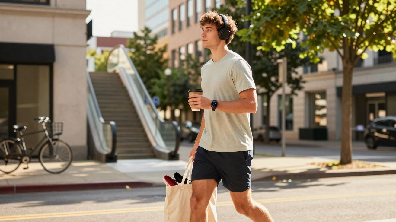 Homem jovem com roupa casual, a ouvir música com auscultadores, a atravessar rua urbana com café e saco de compras.