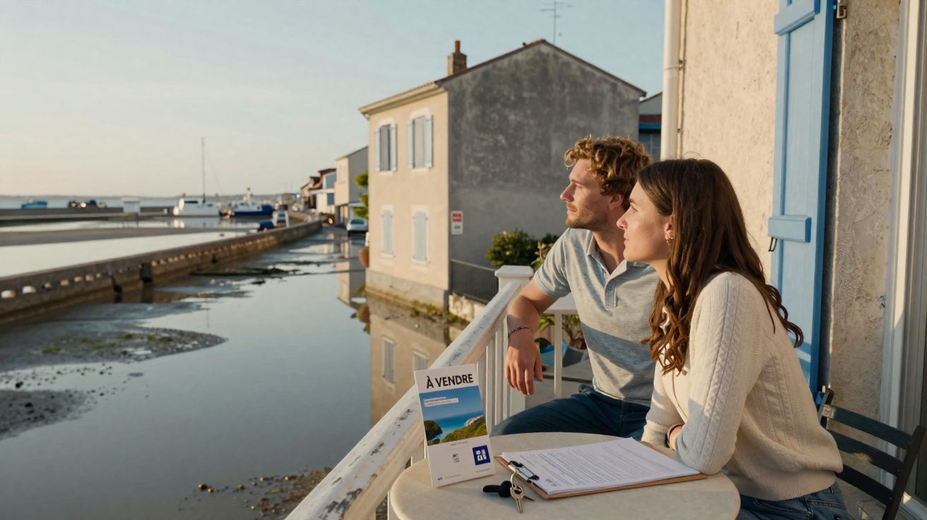 Casal sentado na varanda de uma casa à venda junto a um canal tranquilo com barcos ao fundo.