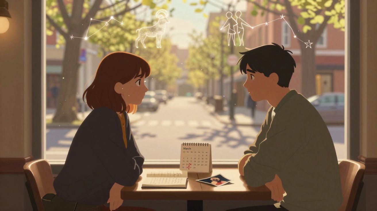 Dois jovens sentados frente a frente numa cafeteria, com constelações desenhadas no ar acima deles.