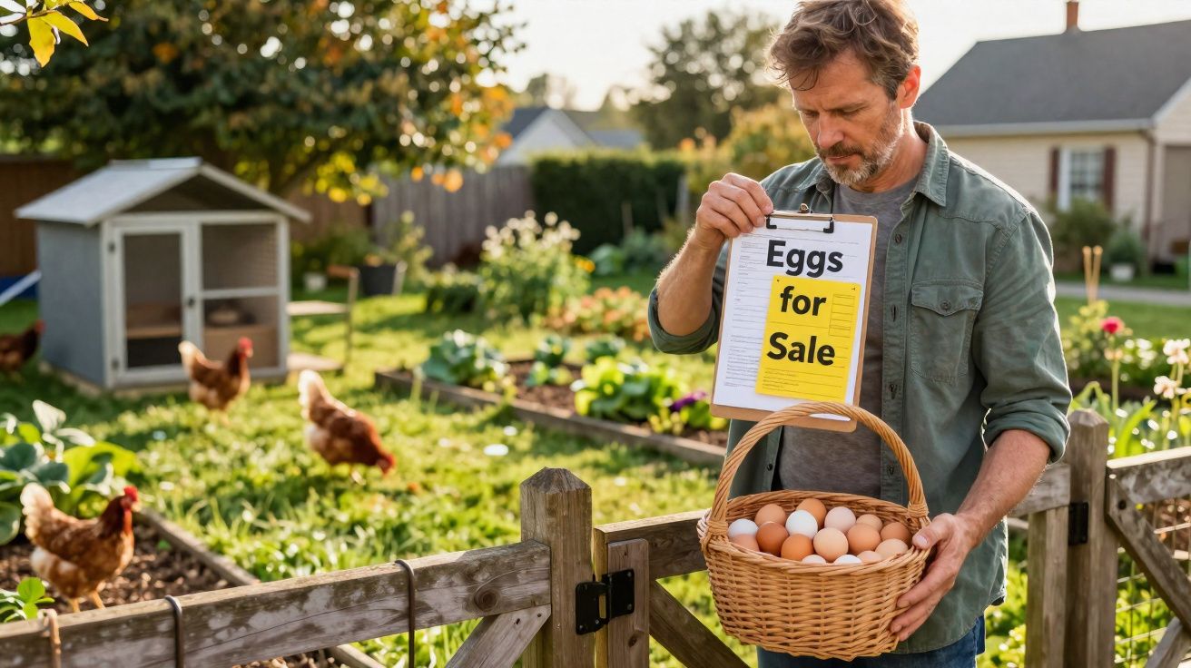 Homem com cesta de ovos junto a jardim com galinhas, mostrando placa de venda de ovos.