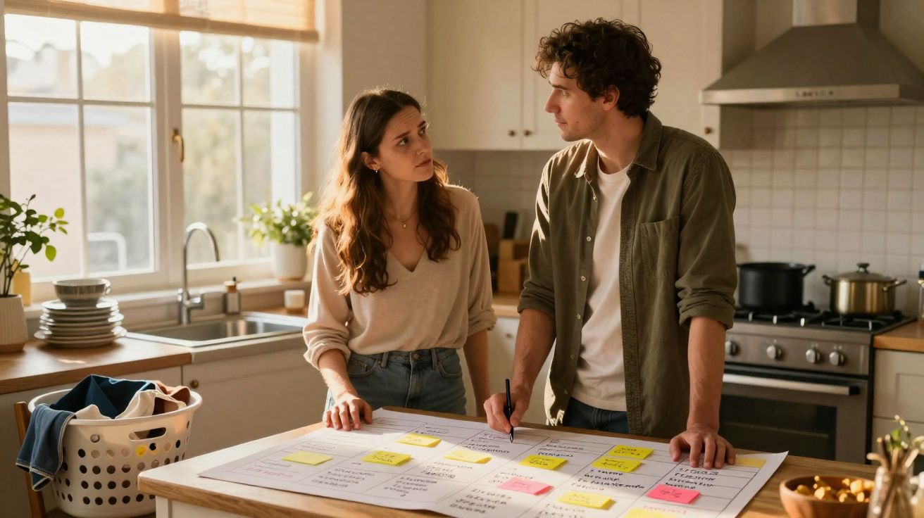 Casal jovem a discutir e planear tarefas numa cozinha iluminada, com agenda e notas adesivas à frente.