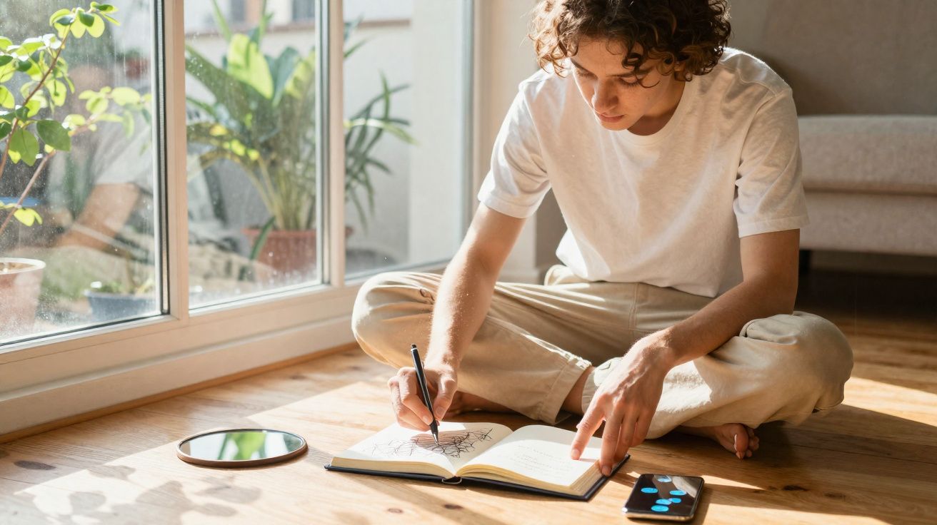 Pessoa sentada no chão junto a janela a desenhar num caderno, com telemóvel e espelho ao lado.