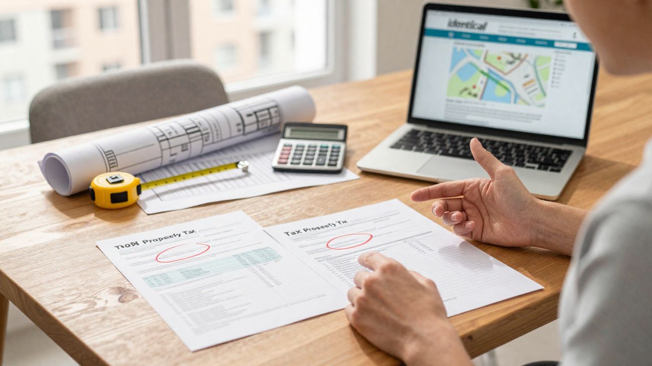 Pessoa a analisar documentos com números circundados, laptop, calculadora e ferramentas de medição numa mesa.