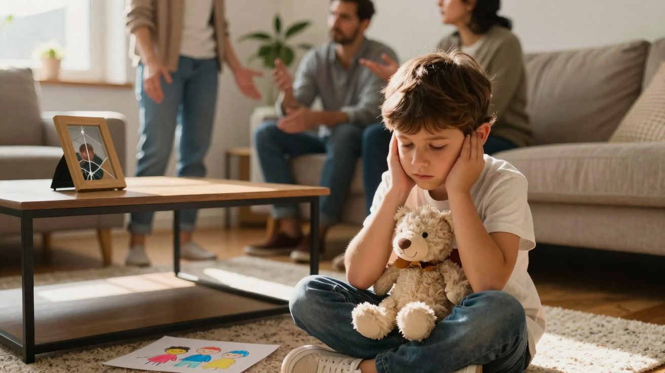 Menino triste sentado no chão com urso de peluche, pais discutem no sofá ao fundo, casa iluminada.