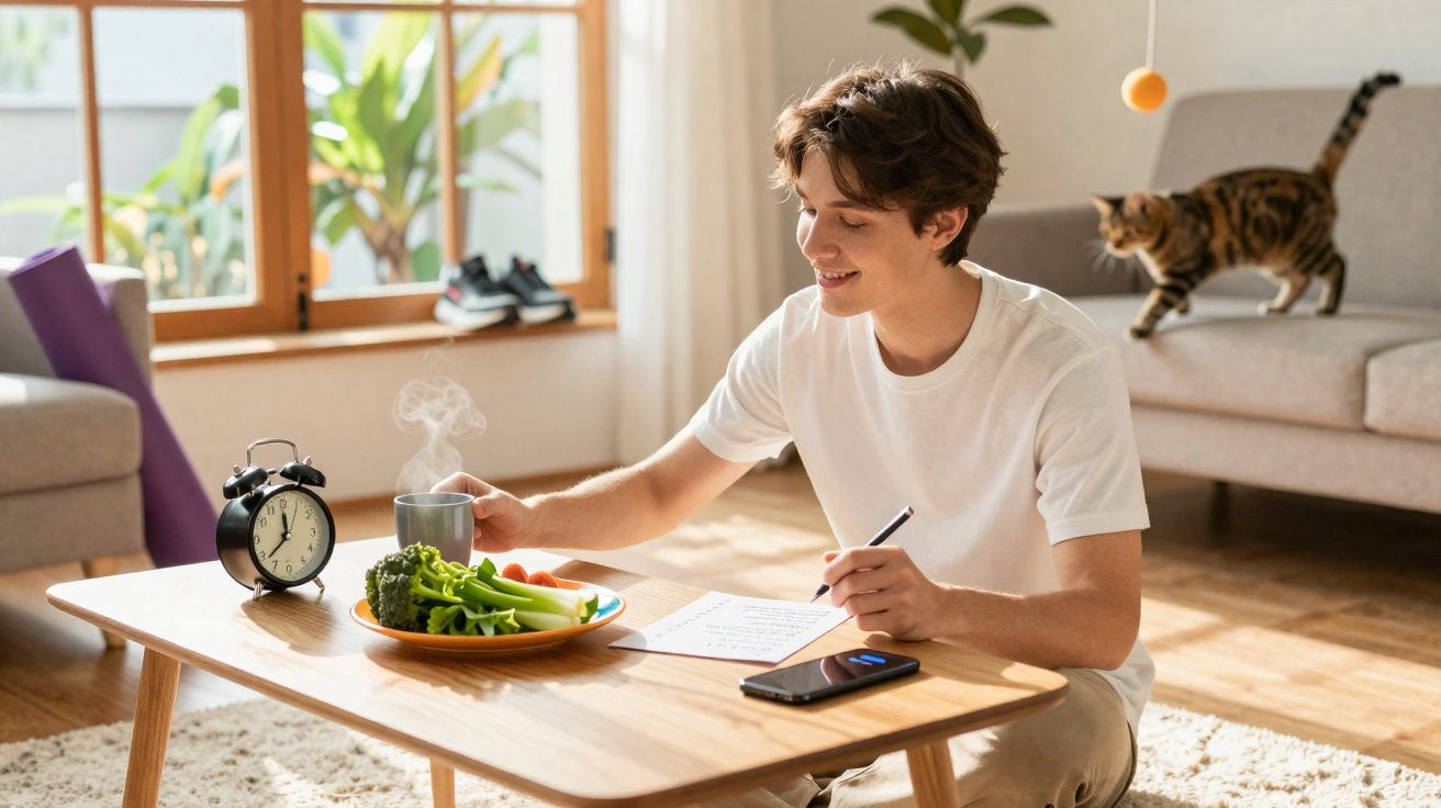 Jovem sentado no chão a escrever, com prato de vegetais, chá quente e gato no sofá ao fundo.
