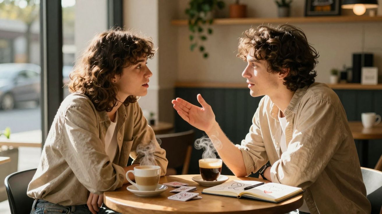 Casal jovem a conversar num café, com chá e café na mesa, em ambiente acolhedor e iluminado.