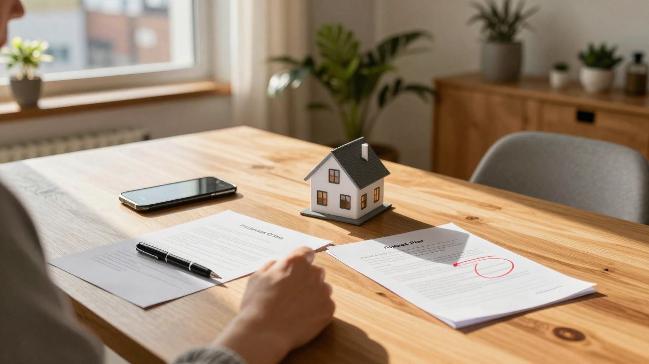 Pessoa a ler documentos imobiliários numa mesa de madeira com uma miniatura de casa e telemóvel.