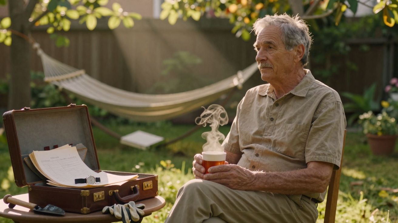 Homem idoso sentado no jardim a segurar uma chávena com vapor, com mesa e rede ao fundo.