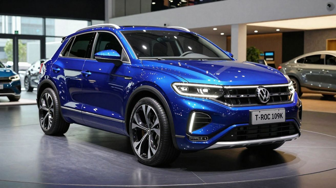 Automóvel Volkswagen T-Roc azul exposto em salão de veículos com design moderno e rodas pretas.
