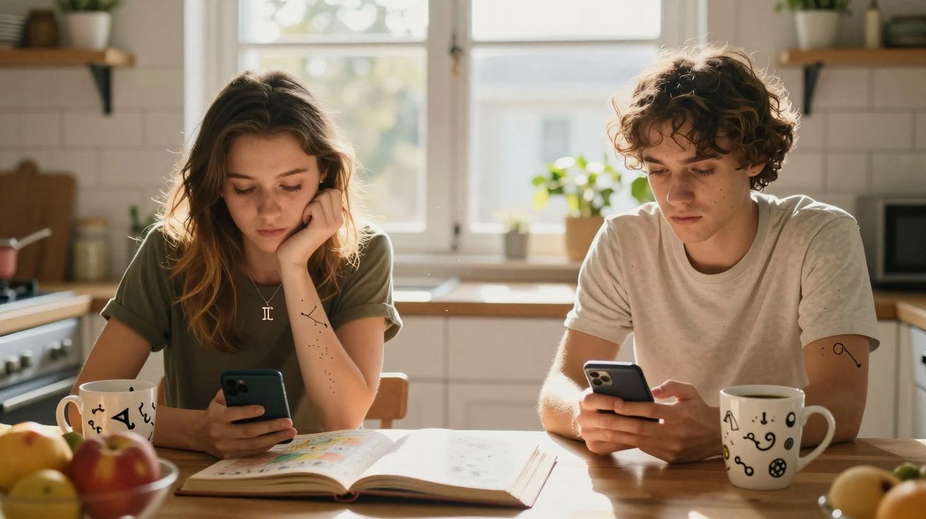 Jovem mulher e homem sentados à mesa, concentrados nos telemóveis, com livros e canecas à frente.