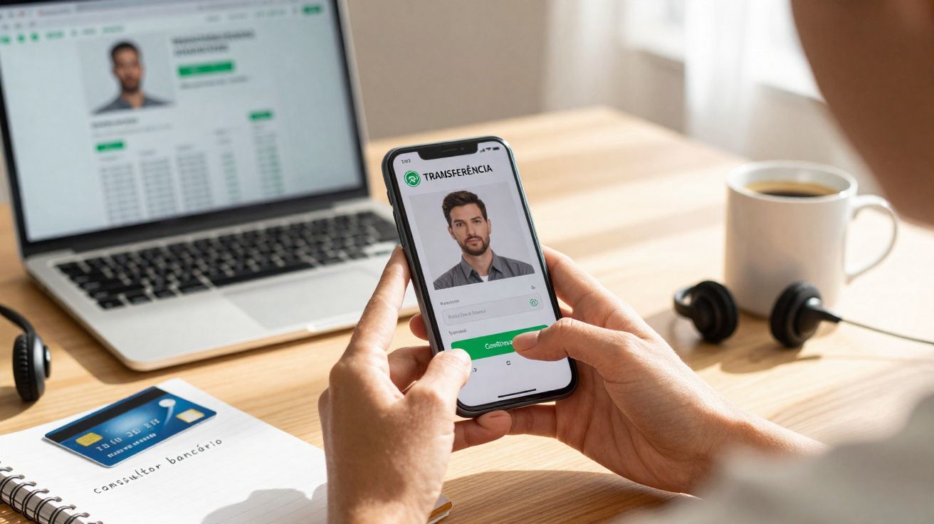 Pessoa a realizar transferência bancária numa aplicação móvel com computador e acessório de áudio na mesa.