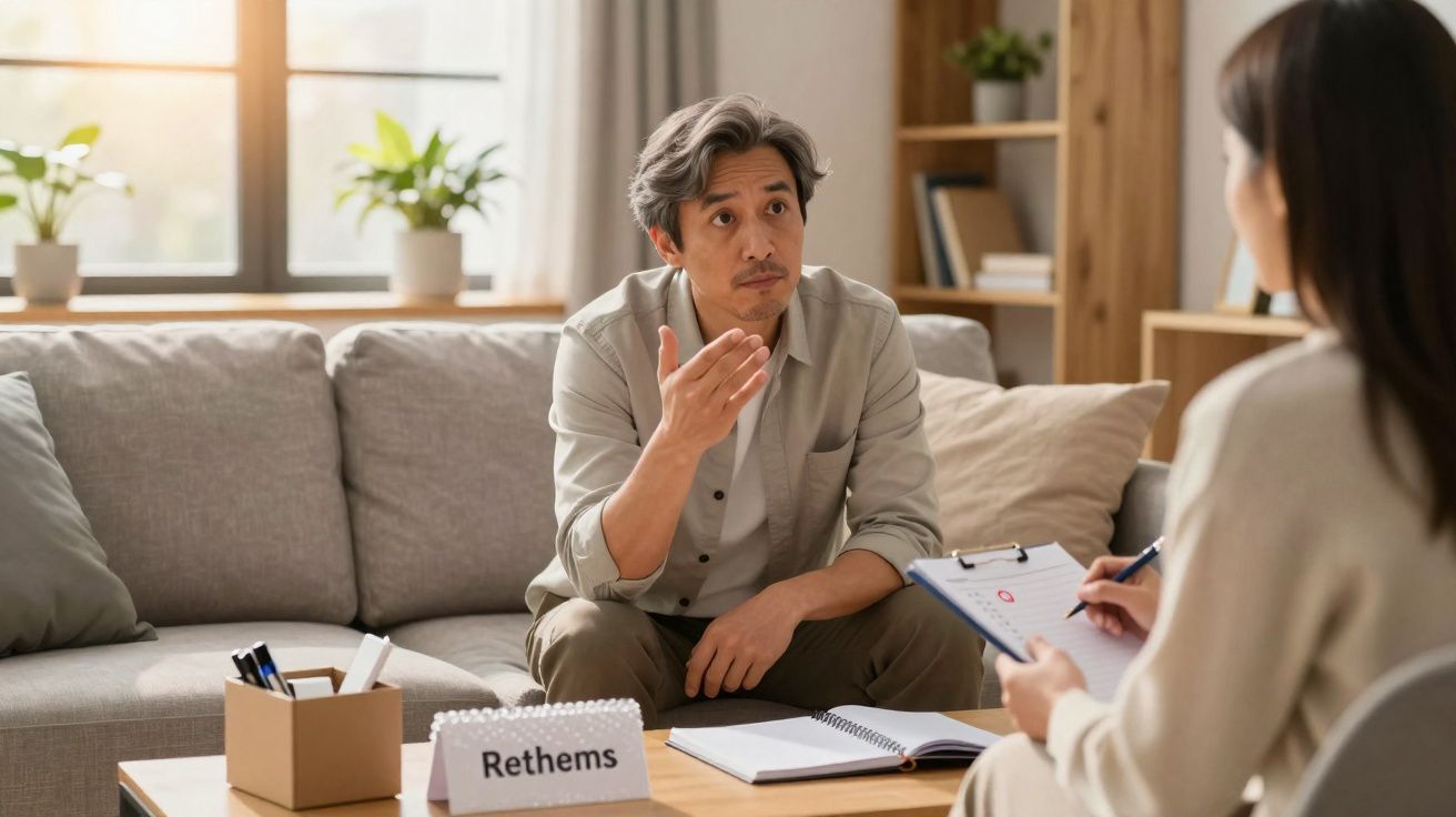 Homem fala com psicóloga durante sessão de terapia numa sala acolhedora com sofá cinzento.