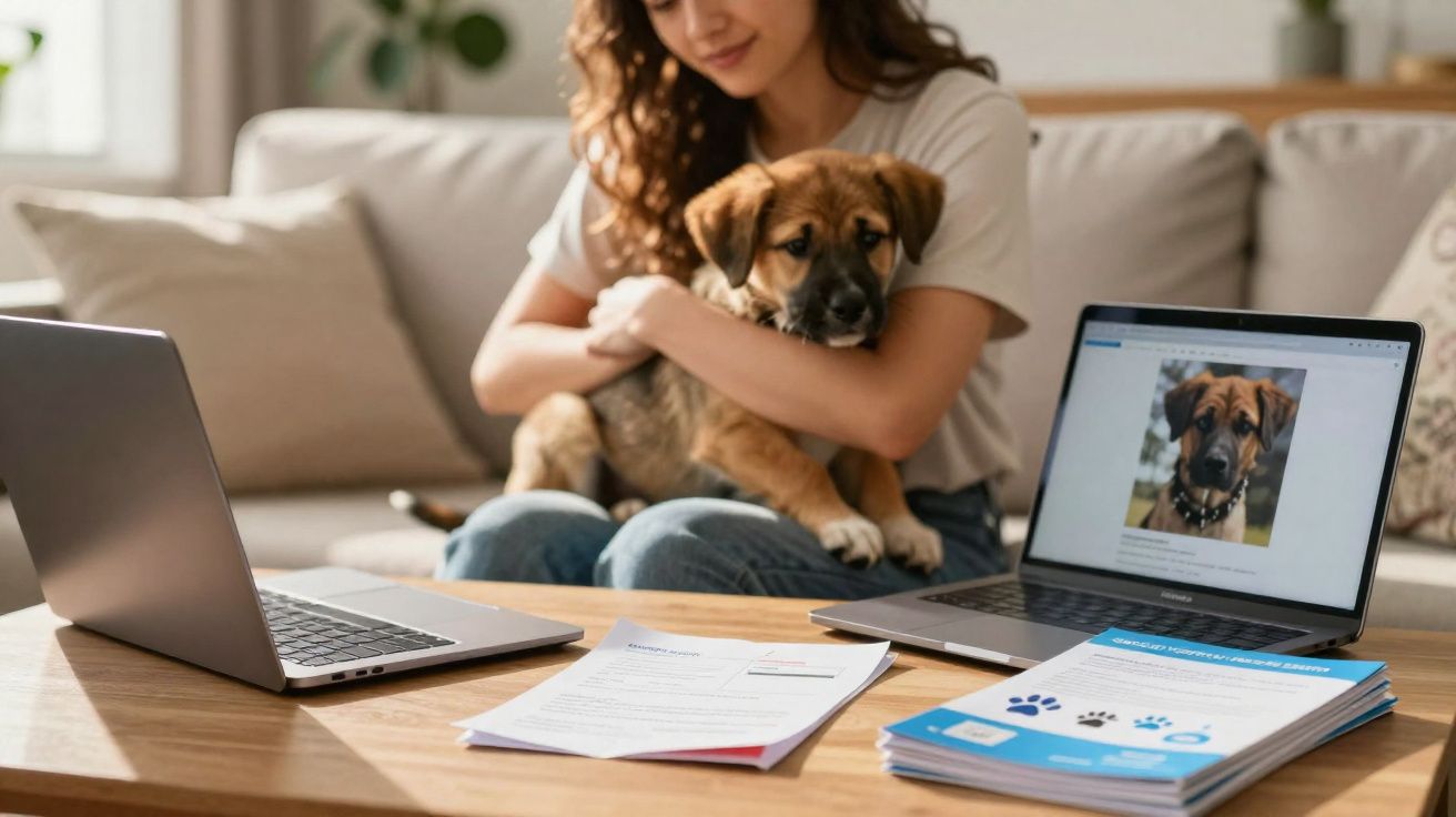 Mulher sentada no sofá a abraçar um cão, com dois computadores portáteis e documentos numa mesa à frente.
