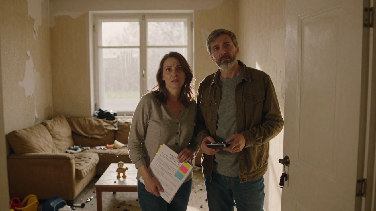 Casal adulto preocupado em sala descuidada segurando documentos e telemando, junto a uma porta aberta.