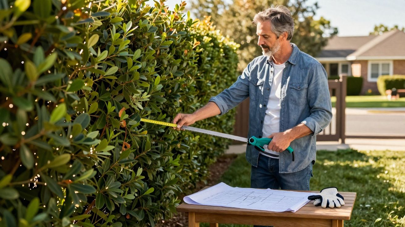 Homem a medir sebes com fita métrica junto a mesa com esquemas numa área exterior ensolarada.