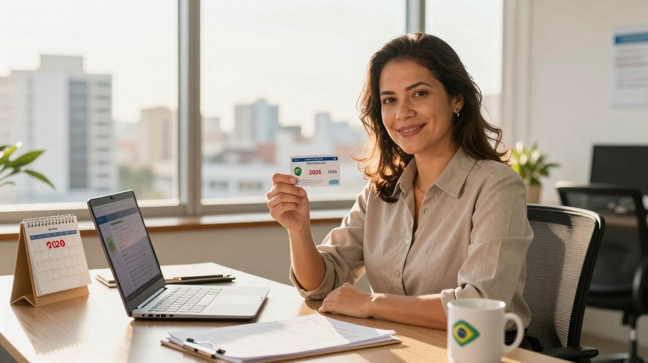 Mulher a sorrir sentada numa secretária com laptop, a mostrar um cartão de vacinação de COVID-19.