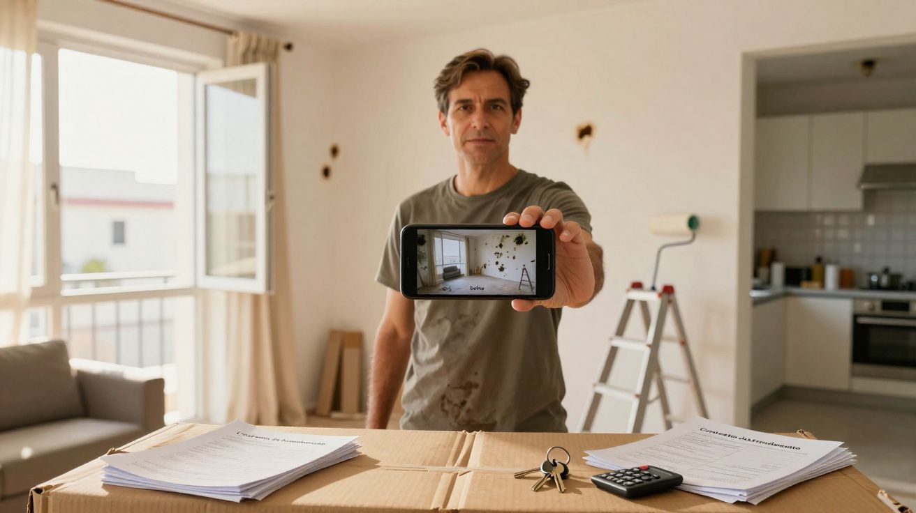 Homem a mostrar numa telemóvel uma parede com buracos, em casa com papelada, caixa, chaves e calculadora sobre uma mesa.