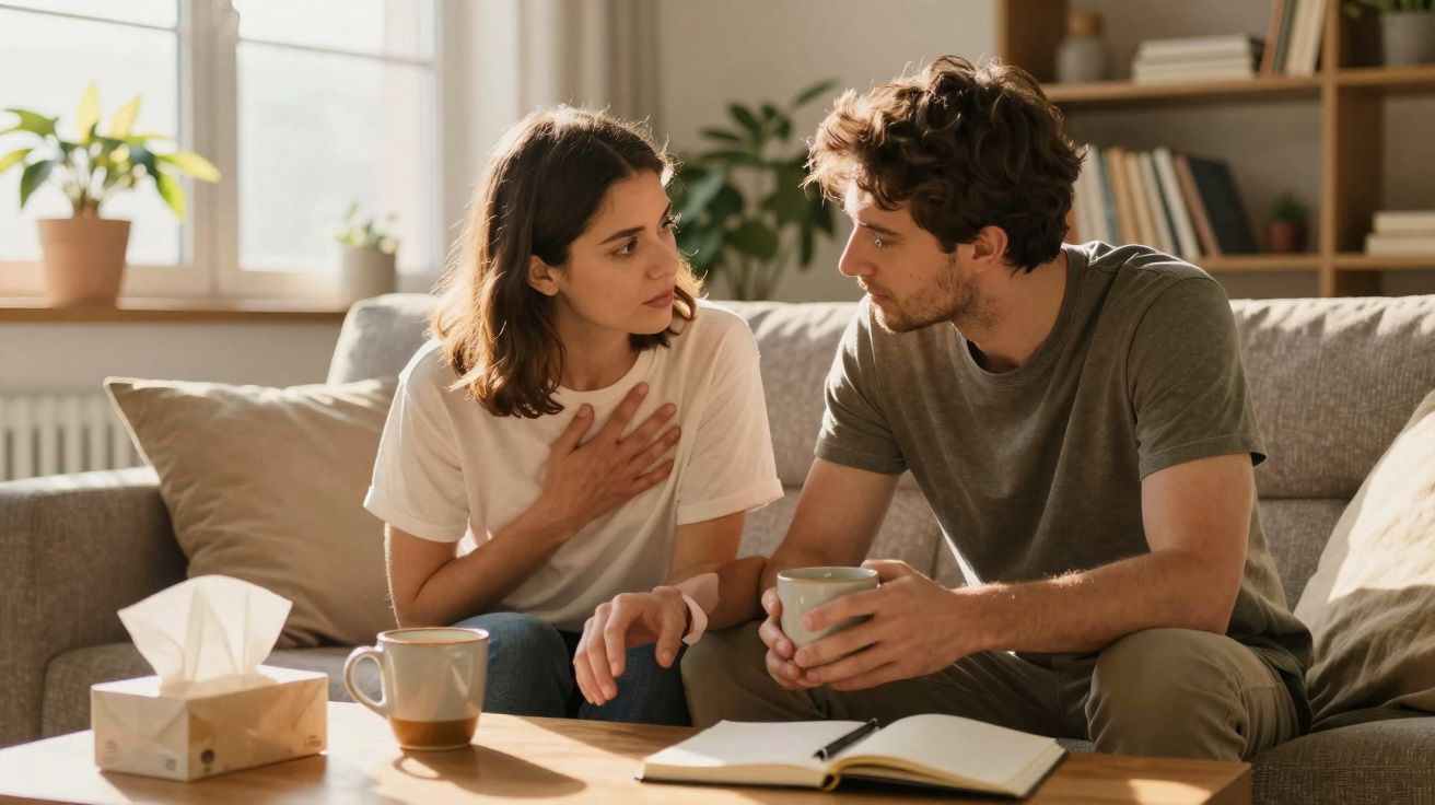 Casal jovem sentado no sofá a conversar numa sala iluminada e acolhedora.