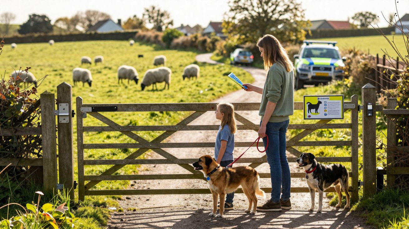 Mulher e criança com dois cães a ler sinal informativo junto a portão de madeira em campo com ovelhas.