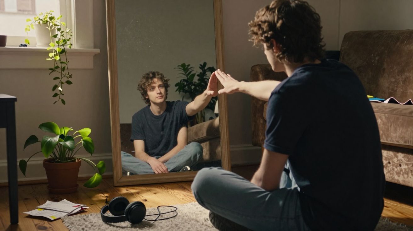 Jovem sentado no chão frente a um espelho grande, tocando a sua reflexão com a mão estendida.