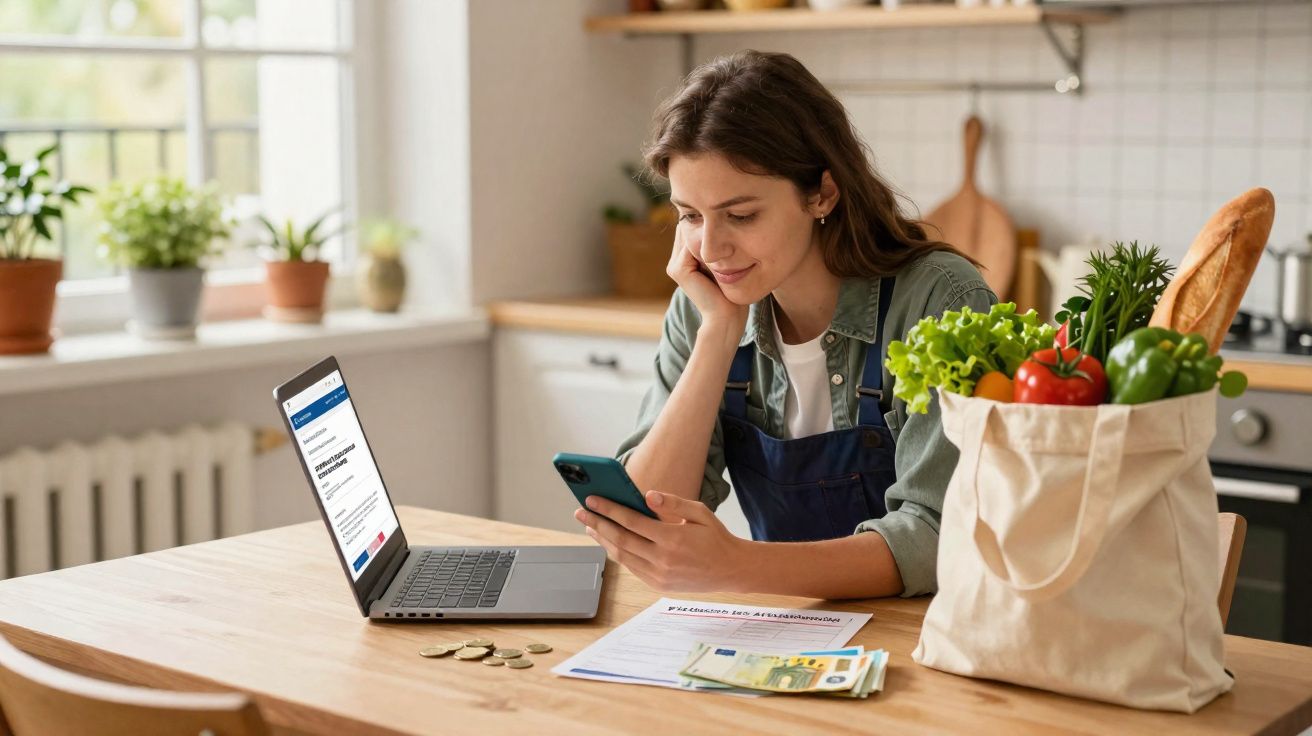 Mulher sentada numa cozinha a consultar o telemóvel com computador aberto, documentos e sacola de supermercado na mesa.