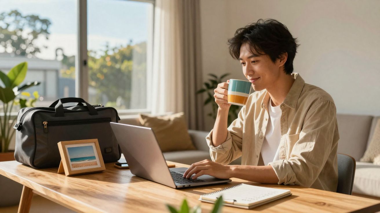 Homem a trabalhar num portátil, sentado à mesa com caneca na mão, numa sala iluminada e confortável.