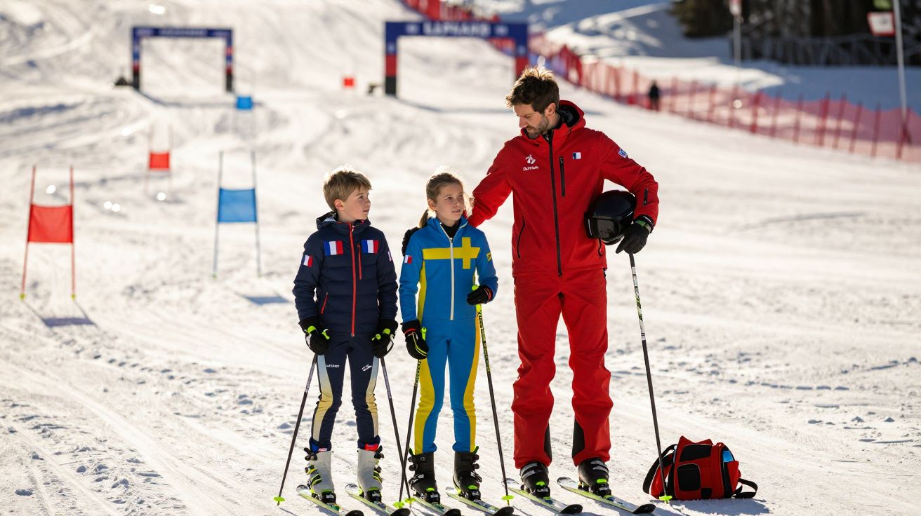 Instrutor de esqui vestido de vermelho com duas crianças em roupa de competição numa pista de neve.