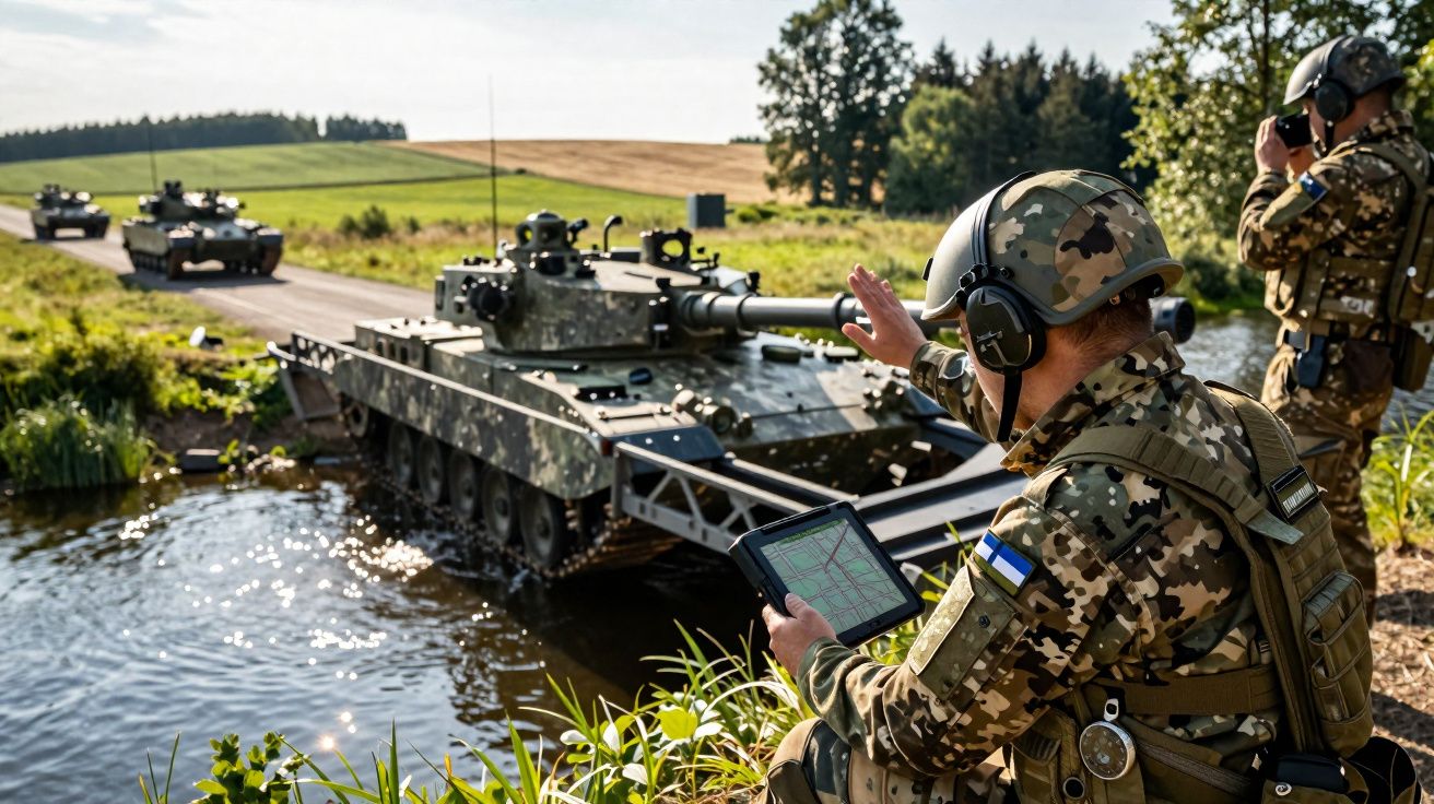 Soldados em uniforme camuflado operam tanques atravessando um rio em ambiente rural durante treino militar.