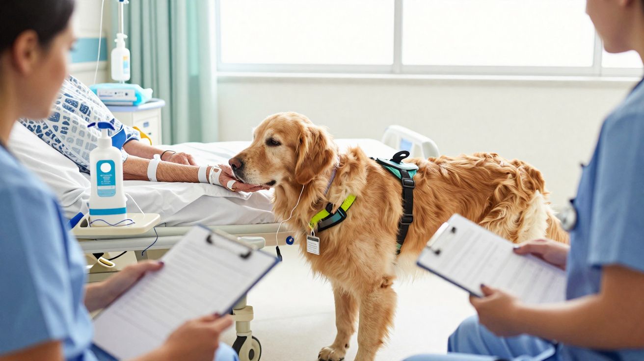 Cão terapeuta visita paciente no hospital, enquanto dois profissionais de saúde registam informações.