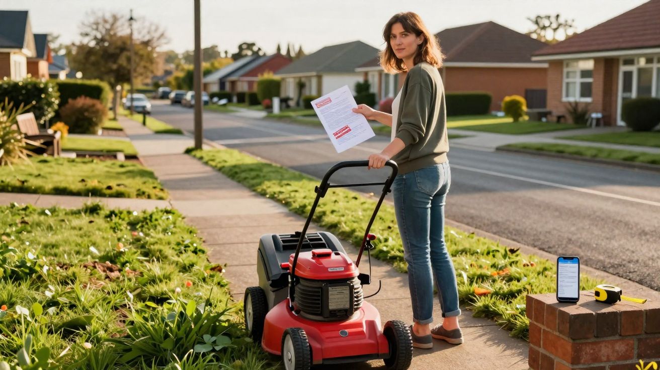 Mulher jovem com máquina de cortar relva, segurando papel, parada na calçada em zona residencial.