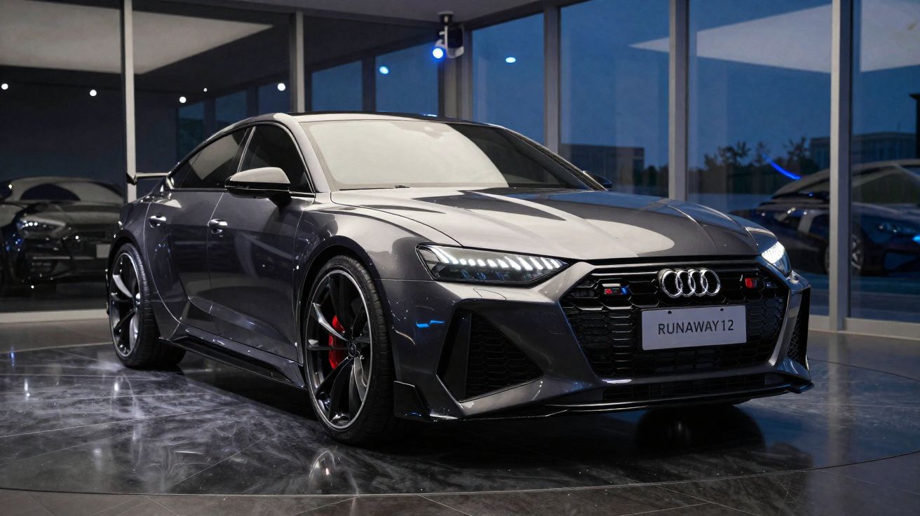 Carro desportivo cinzento Audi RS7 estacionado num showroom moderno com jantes pretas e pinças de travão vermelhas.
